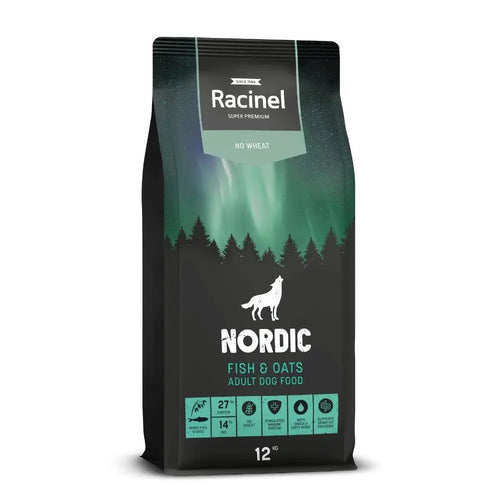 Black and teal racinel nordic kala ja kaura 12 kg aikuisten koiranruoka valkoinen suden siluetti metsässä