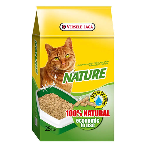 Pakkaus 15kg versele-laga kissanhiekka nature puupelletti keltaisella ja vihreällä värillä sekä oranssin tiikerikissan kuvalla