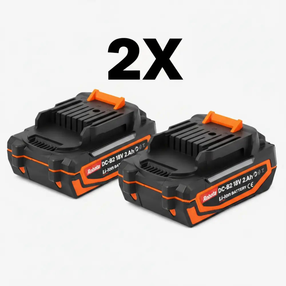 Kaksi robota dc-b2 18v 2ah li-ion akkua oranssi-musta pakkauksessa teho työkaluille teksturoiduilla otteilla ja turvamääräyksillä