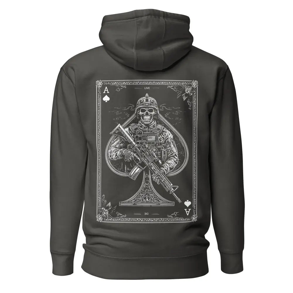 Tumma harmaa ace of spades huppari yksityiskohtaisella valkoisella grafiikalla luurankosotilaasta taktiset varusteet ja rynnäkkökivääri
