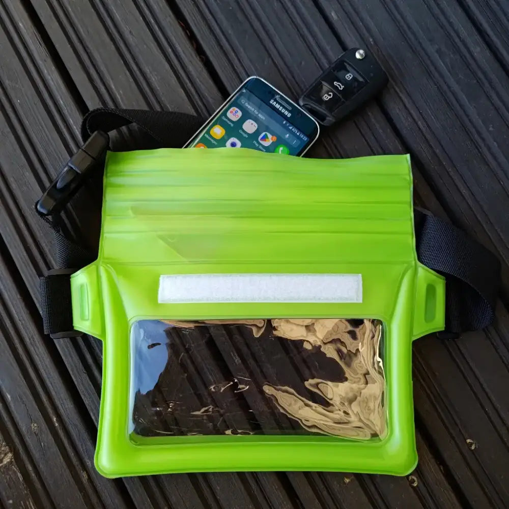 Bright lime green waterproof adventure waist pack phone pouch with black adjustable strap and clear front panel