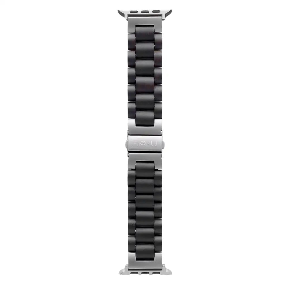 Apple Watch Ultra puinen ranneke eebenpuu musta ja hopeanharmaa moderni design lukittuvilla linkeillä
