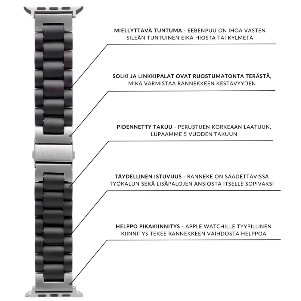 Apple watch ultra puinen ranneke mustalla ja hopeanvärisellä ruostumattomalla teräksellä modernilla minimalistisella designilla