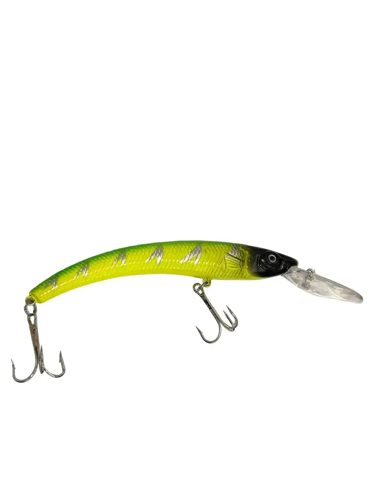 Vibrant lime-green and black banana diver syvännevappu 15 cm fishing lure with silver stripes and triple hooks for murky water in sunlight