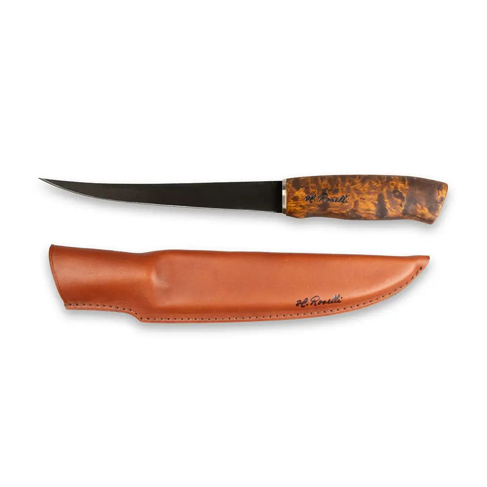 Big fillet knife with sleek black blade and brown amber wood-grain handle with tan leather sheath