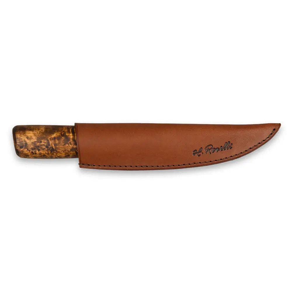 Carving knife pitkällä terällä ruskeassa nahkakoteloissa ja kaiverretulla meripihkanvärisellä kahvalla