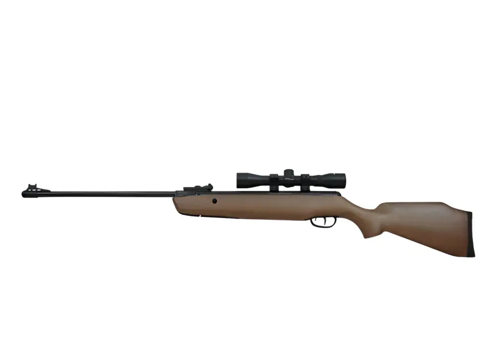 Crosman vantage 4.5mm ilmakivääri ruskea mustalla kiikaritähtäimellä ja liipaisimella etupuolelta kuvattuna