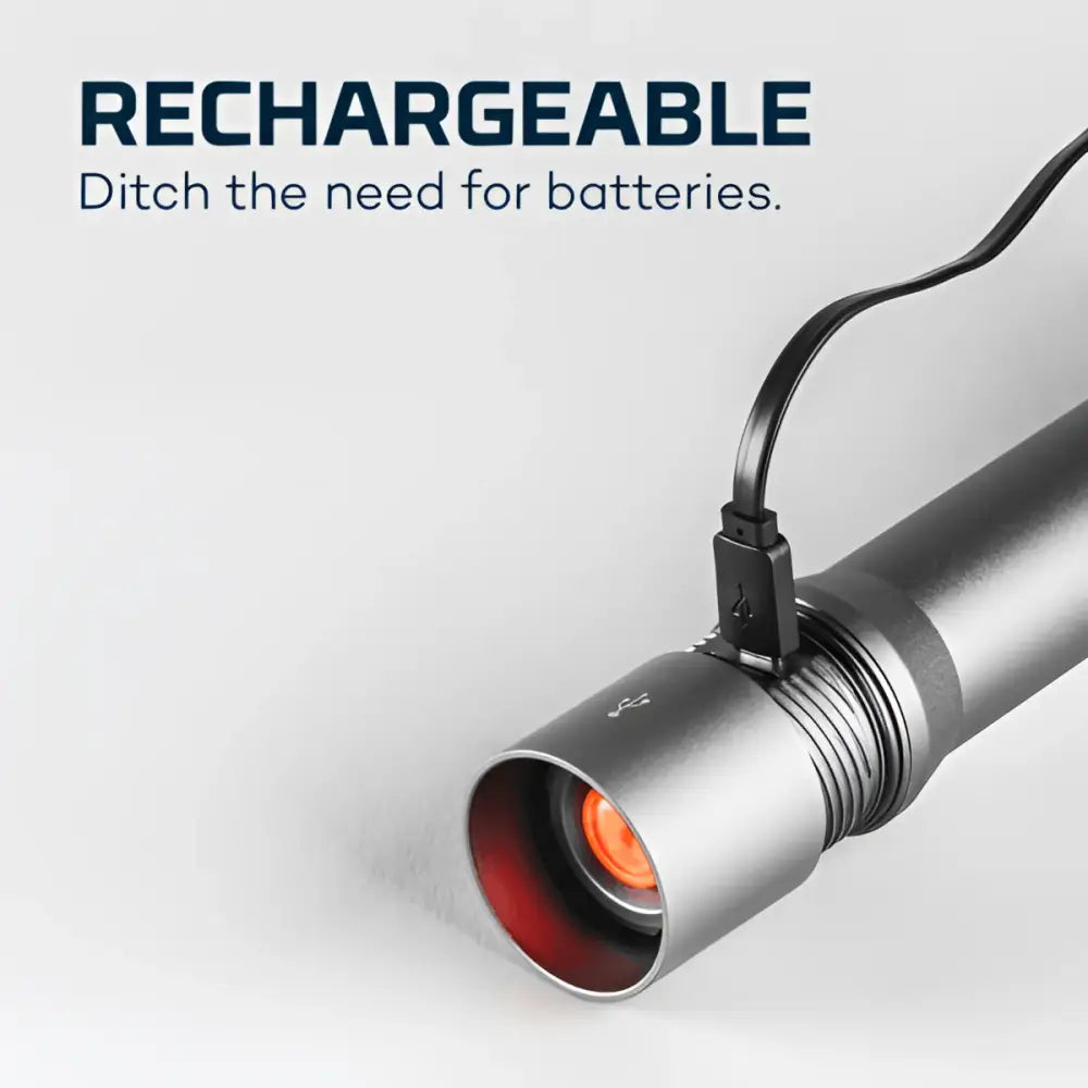 Silver Davinci 5000 rechargeable flashlight with textured grip and orange LED lens for efficient lighting