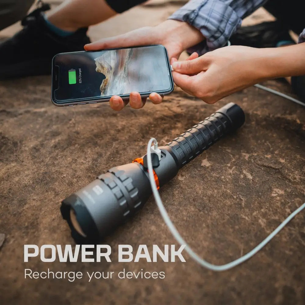 Black and orange davinci 8000 tactical flashlight with integrated usb-c charging port for durable outdoor use