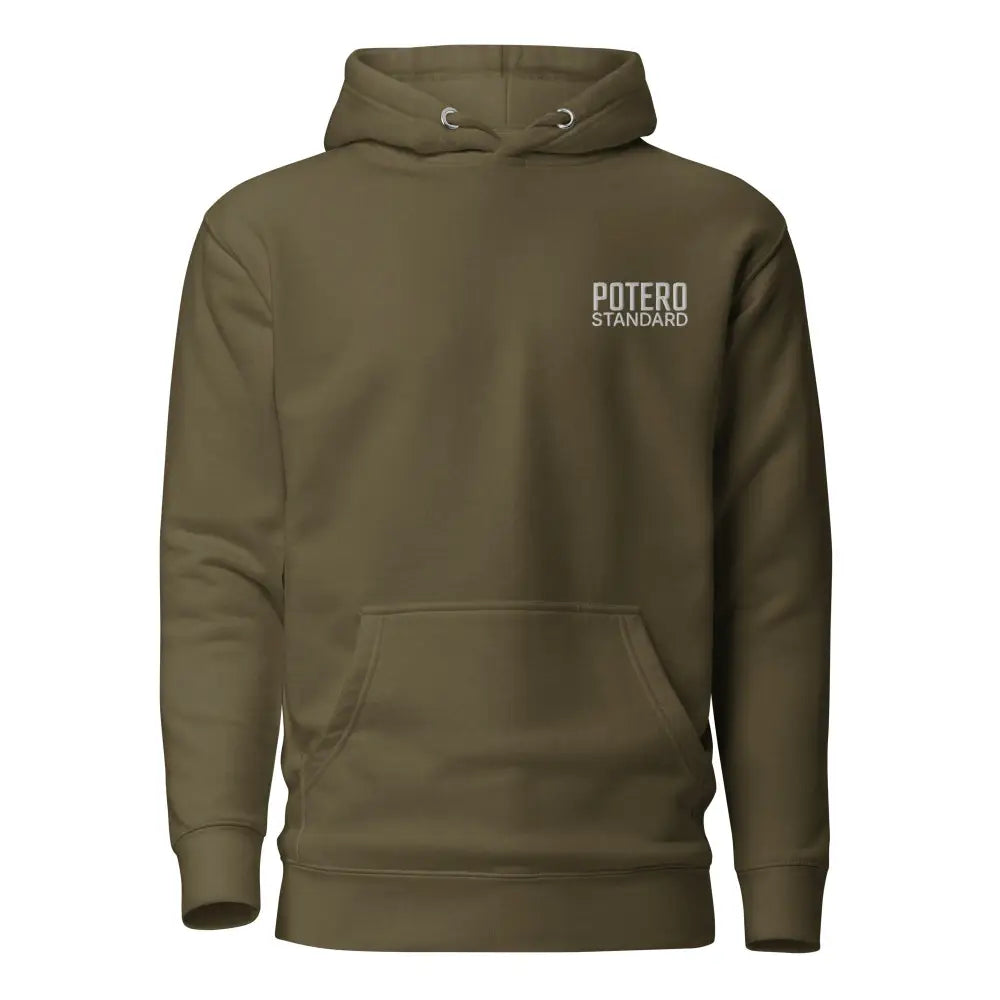 Olive green cotton defender qrf huppari with white potero standard embroidery and silver metal eyelets at the hood