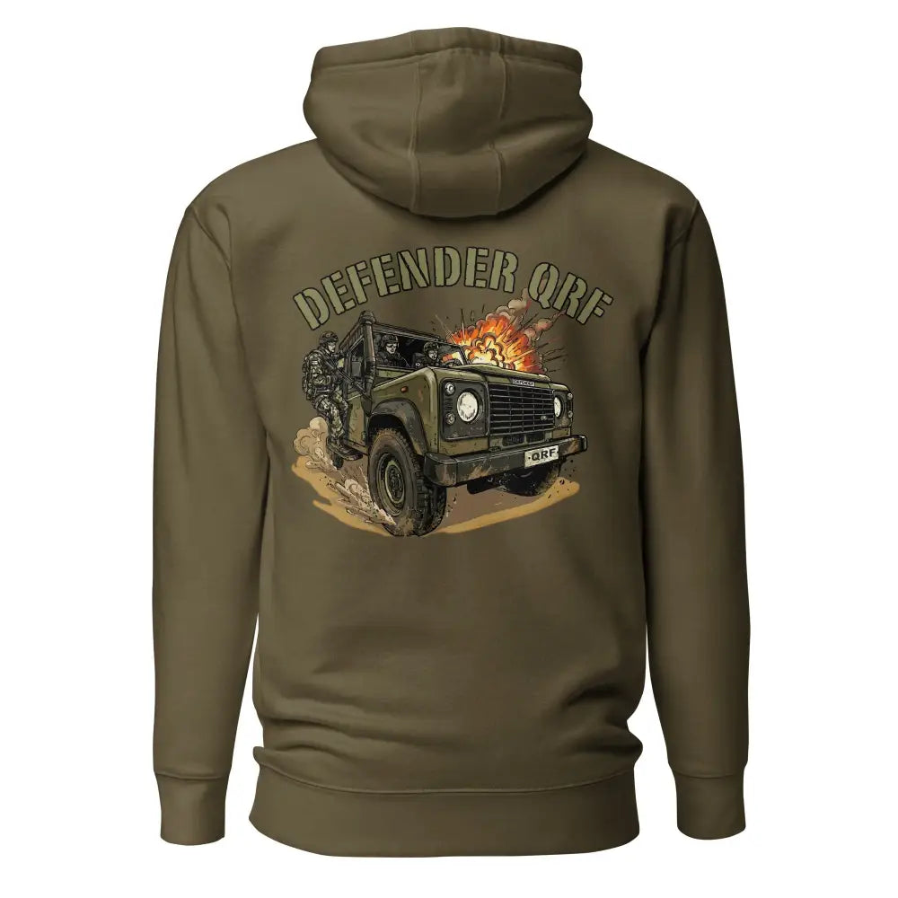 Olive green huppari, jossa yksityiskohtainen sotilasmaasturi land rover defender ja defender qrf -teksti yläpuolella