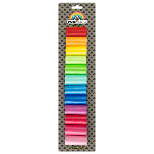 Duvo+ rainbow kestävät kakkapussit 12 rll värikkäät muoviset koiran jätöspussit poopidog pakkauksessa