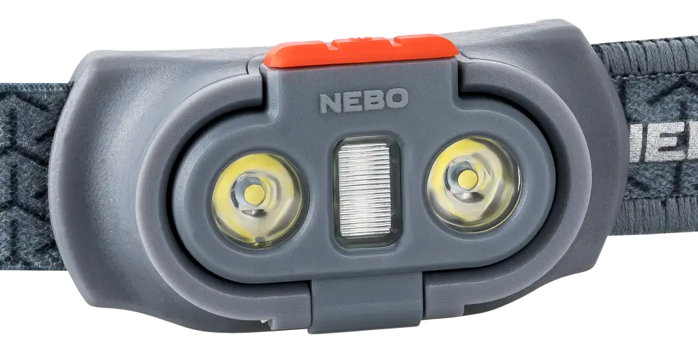 Gray nebo einstein 500 headlamp with two bright yellow led lights and an orange power button for outdoor use
