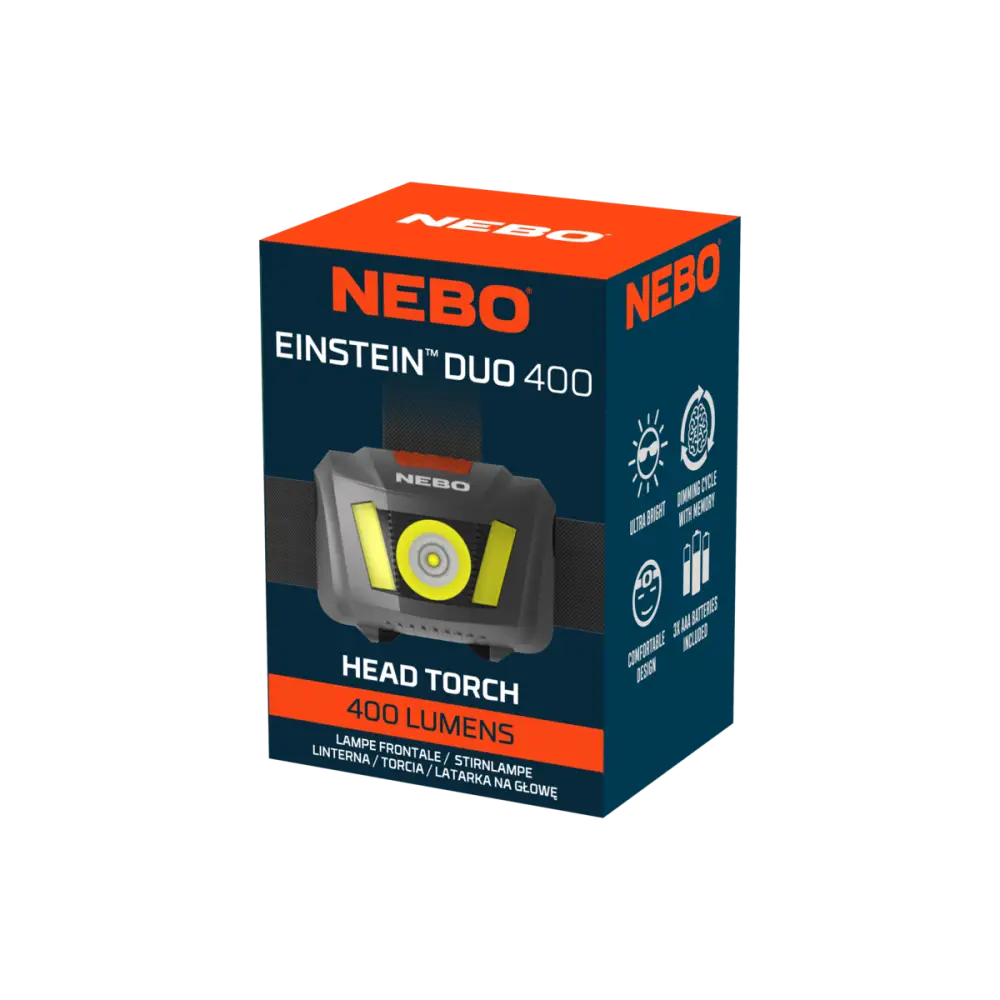Nebo Einstein Duo 400 otsavalaisin mustakeltaisella designilla ja kirkkaalla led-valolla korkealle lumenille