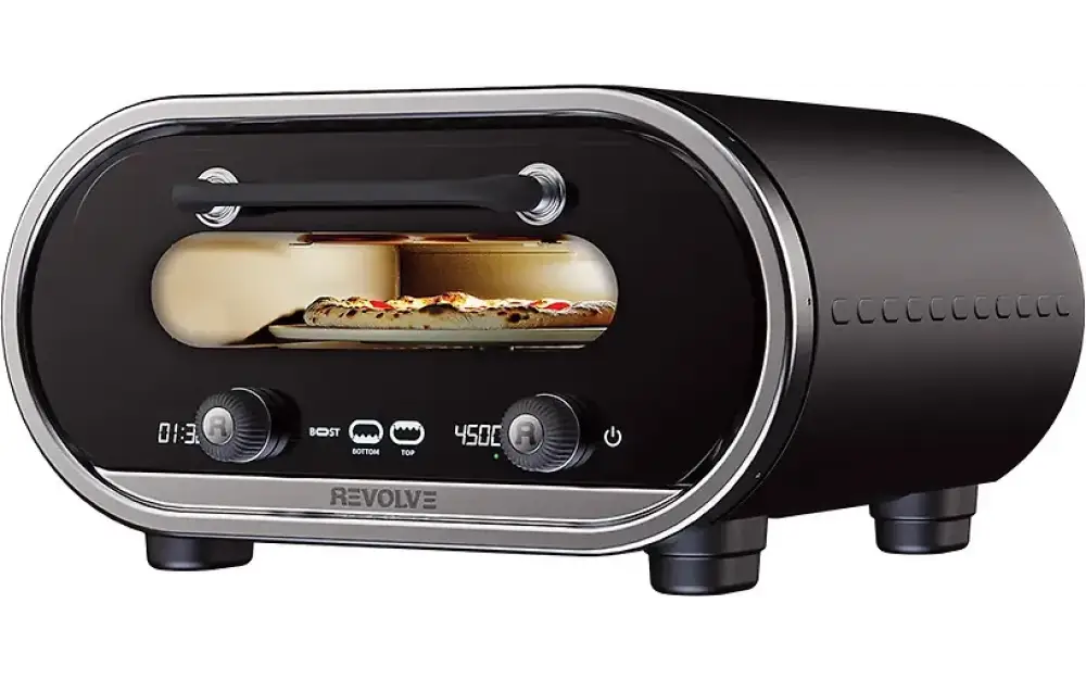 Evolve by revolve sähköinen pizza uuni musta ovaalin muotoinen hopeisella lasiovella