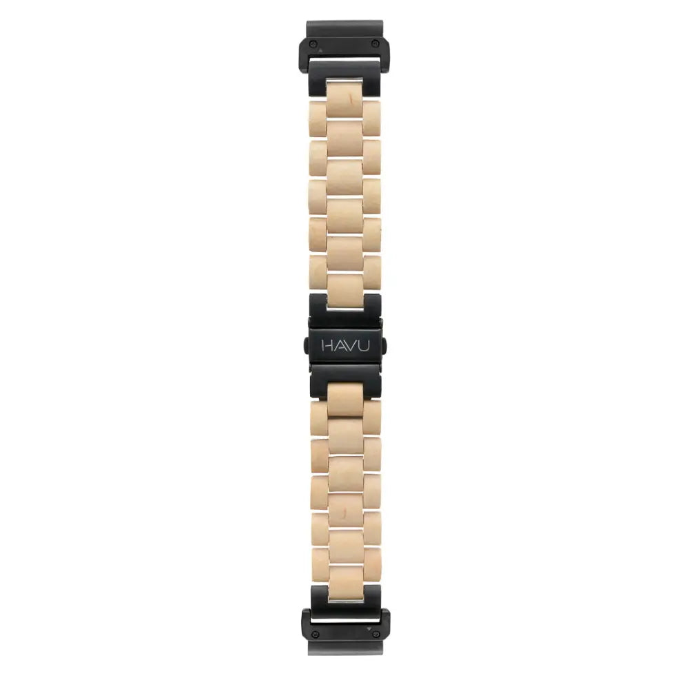 Garmin quickfit puinen ranneke koivusta beige mustalla havu kellon rannekkeella ja moderneilla lukkiutuvilla linkeillä