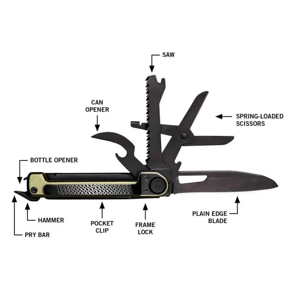 Gerber armbar scout green 16l musta ja oliivinvihreä taktinen monityökalu teksturoidulla kahvalla ja useilla toiminnoilla