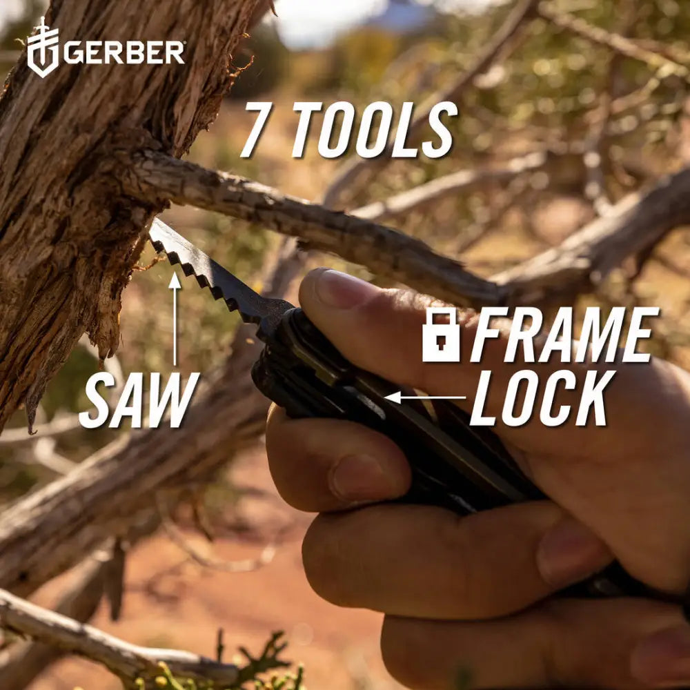 Gerber armbar scout green 16l monitoimityökalu mustalla runkolukolla ja sahalaitaisella terällä