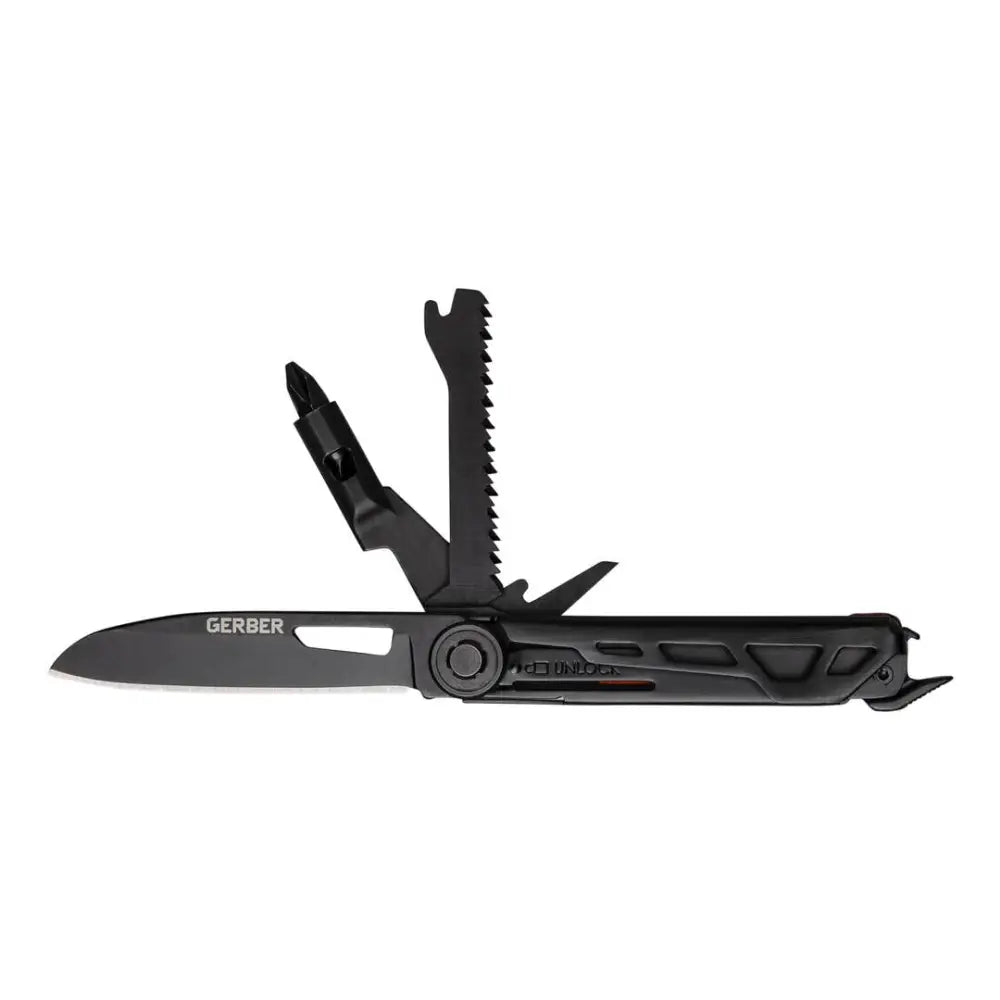Black gerber armbar trade multi-tool with matte-finished handle and multiple blades extended in orange 16l model
