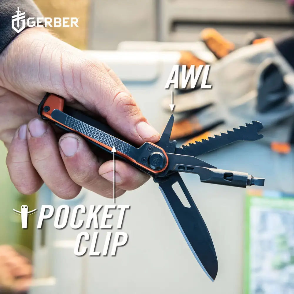 Black and orange gerber armbar trade 16l multitool with textured grip awl and pocket clip