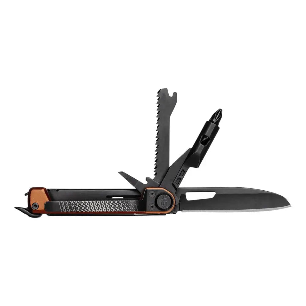 Gerber armbar trade orange 16l monitoimityökalu musta ja kuparinvärinen teksturoidulla kahvalla useilla terillä ja työkaluilla