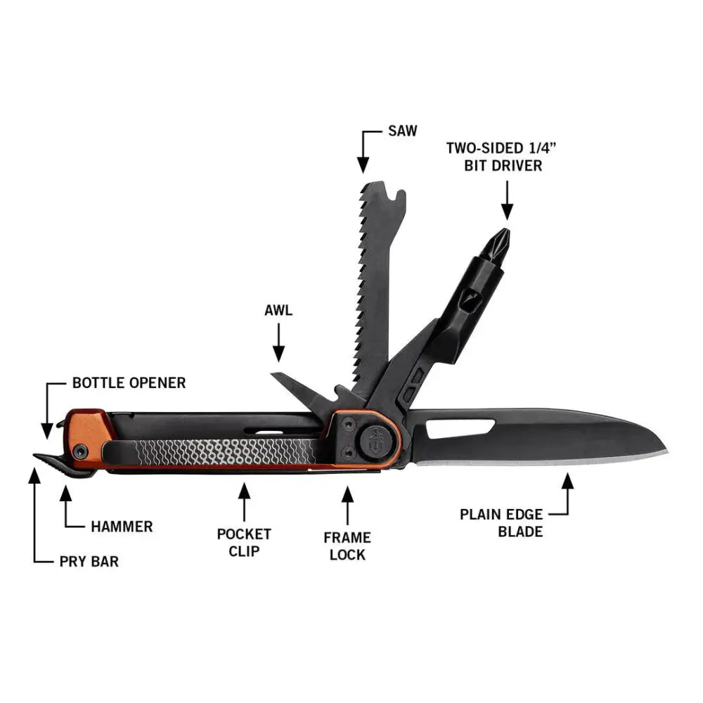 Black and orange gerber armbar trade 16l multi-tool with textured grip and implements like saw bit driver and blade