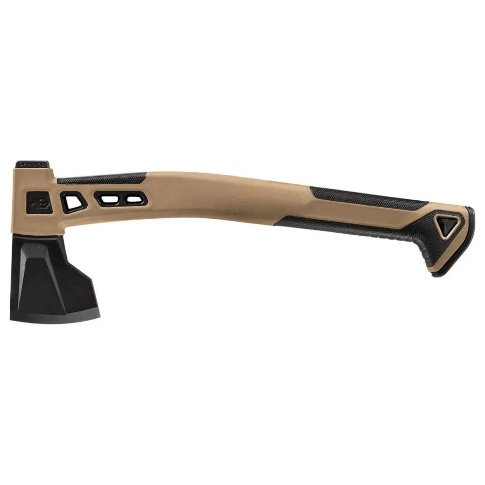 Gerber bushcraft hatchet tan and black tactical axe with textured grip handle and reinforced head