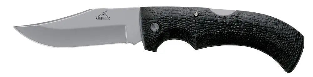 Gerber gator folder dp fe gb taitettava veitsi mustalla teksturoidulla kahvalla ja hope terällä