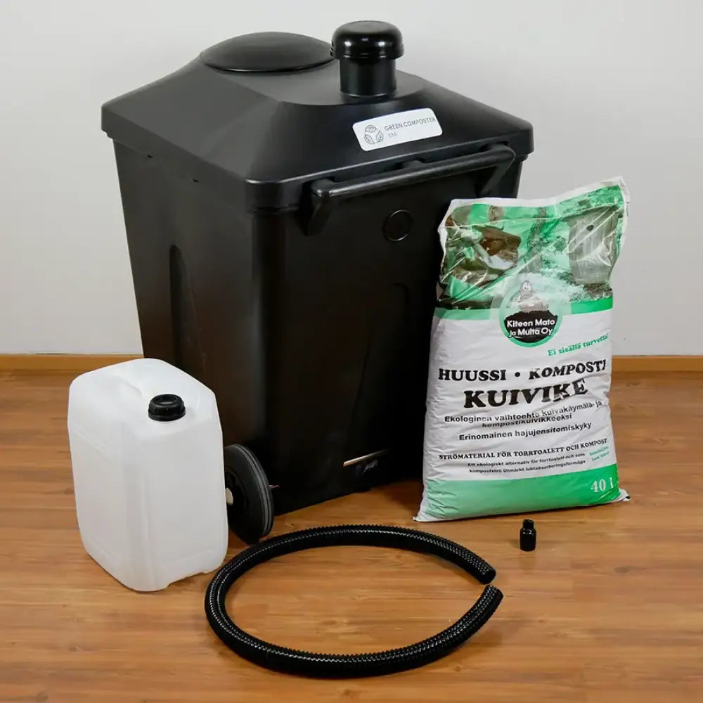 Black plastic green käymäläjätekompostori with lid handle labeled green compost for organic waste management