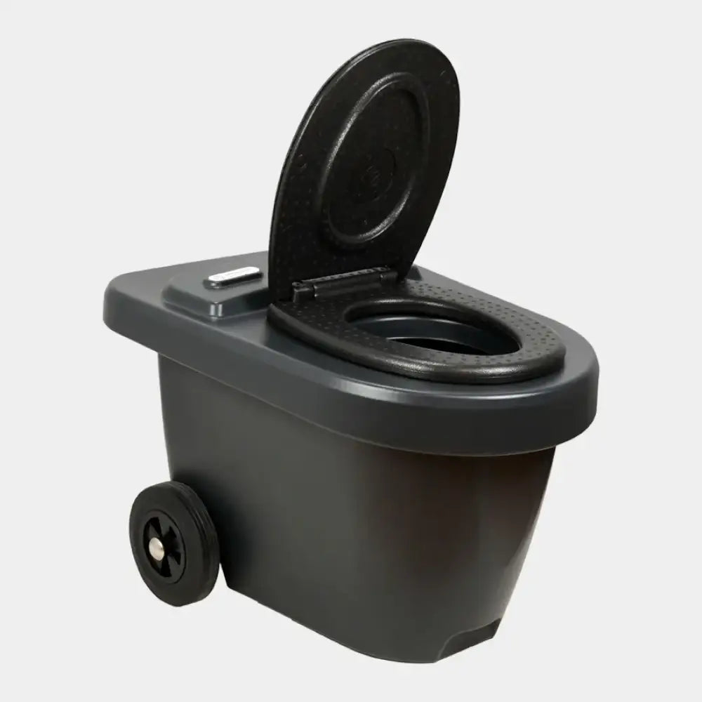 Musta muovinen kannettava kompostikäymälä green toilet 100 easy pyörillä ja saranoidulla kannella