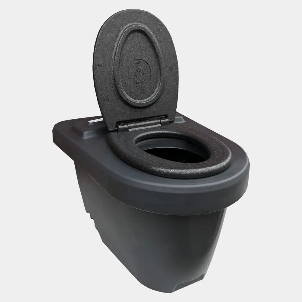 Mustan muovisen green toilet 100 easy kompostikäymälän kannellinen ja istuimellinen kannellinen ulkokuva