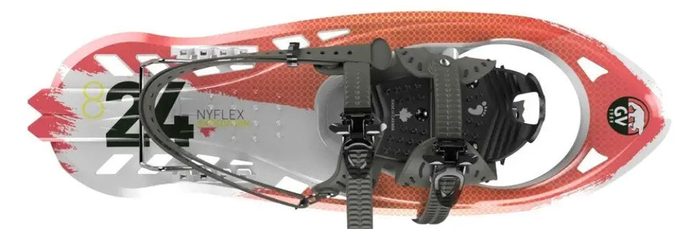 Red and silver gv nyflex expedition 8 x 24 snowshoe with black bindings and textured frame pattern