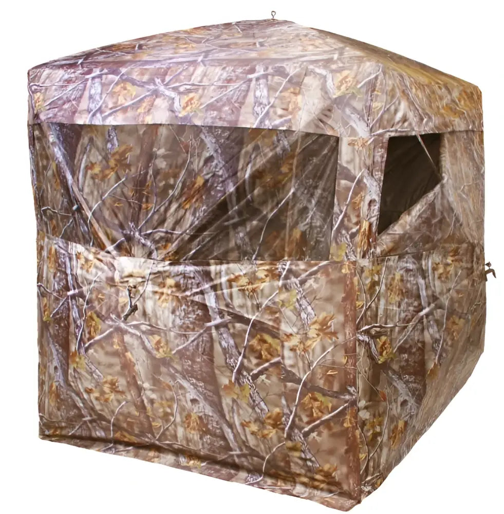 H&a hunter 2 kyttäysteltta 150x150x165cm on camo-kuvioitu kyttäysteltta läpinäkyvillä verkkopaneeleilla