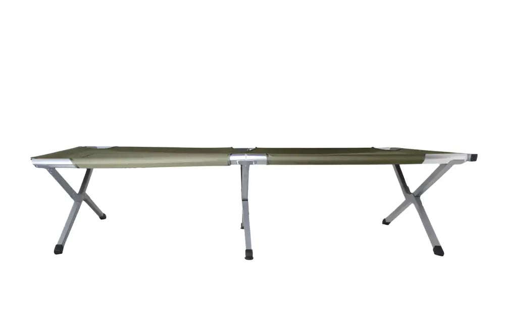 Olive green canvas retkisänky with silver aluminum x-frame legs and black rubber feet higus 190x64x42cm