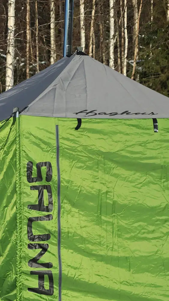 Bright green and gray portable sauna tent haghus telttasauna with sauna printed vertically on the side