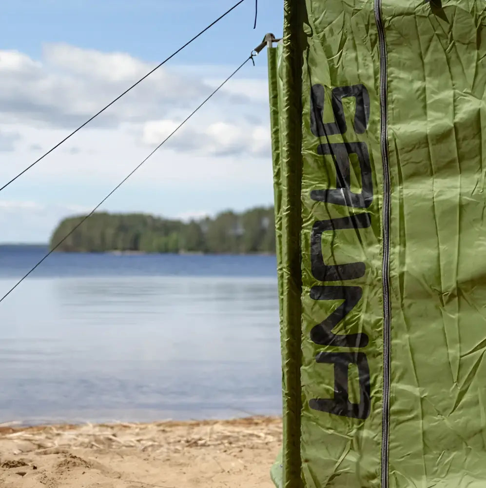 Olive green inflatable sauna tent haghus telttasauna with black vertical branding for outdoor use