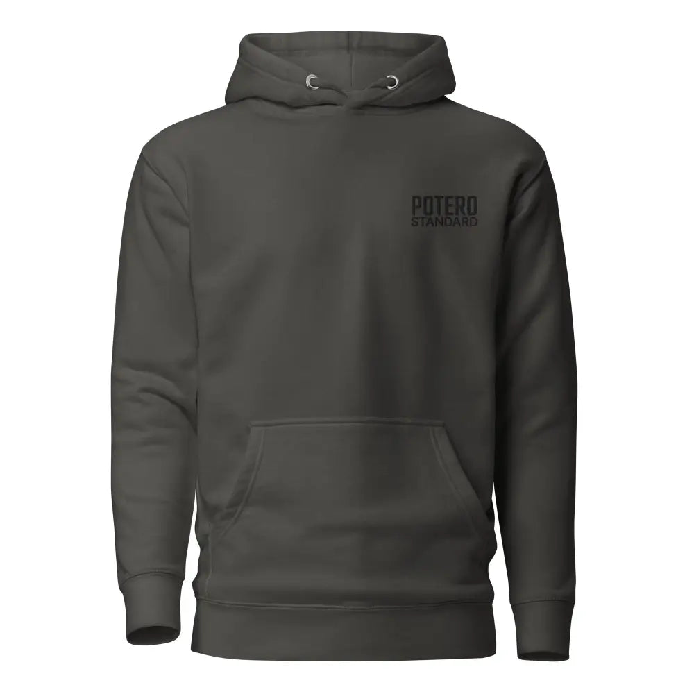Dark gray cotton happy hunting huppari with subtle potero standard logo and silver metal eyelets at the hood