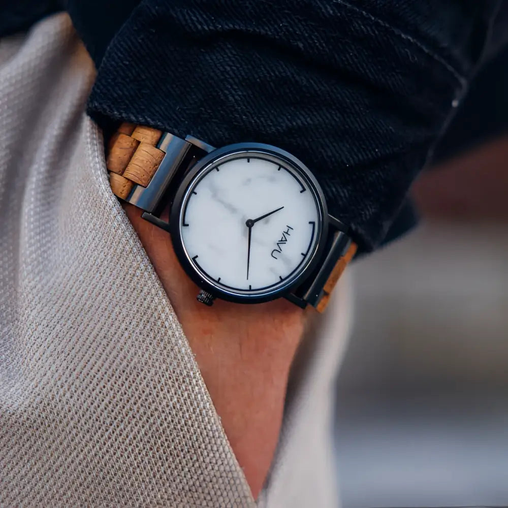 Havu watches kallio puinen rannekello minimalistinen valkomarmori kellotaulu musta kehys ja vaalea punottu puuhihna
