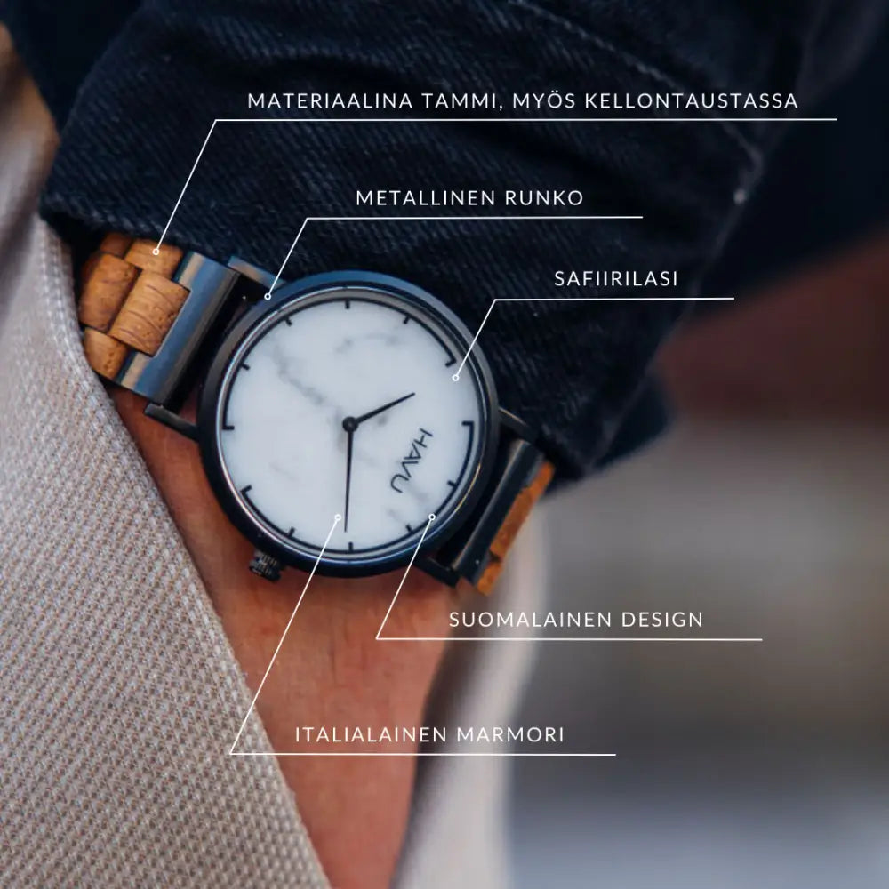Minimalistinen havu watches kallio 40mm puinen rannekello valkoisella marmorisella kellotaululla ja mustalla metallikuorella