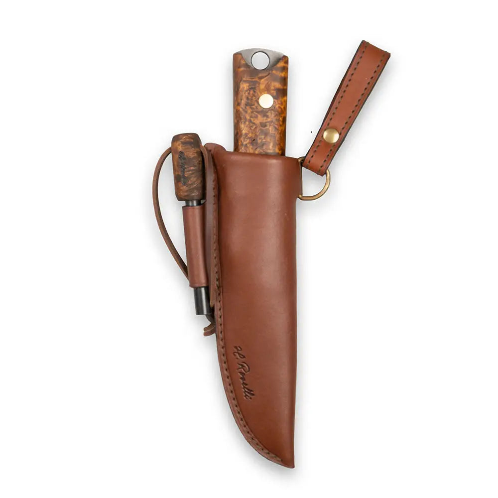 Brown nahkainen tuppeen sisältämä heimo 4” bushcraft-versio veitsi marmorikuvioisella puisella kahvalla ja tulentekijällä