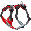 Hunter koiran valjas divo red and gray dog harness with black plastic buckles and mesh padding shown from the back side
