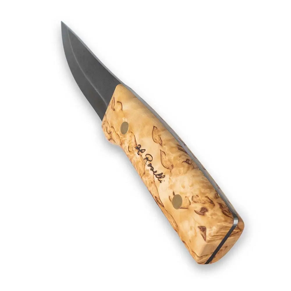 A hunting knife with a sleek black full tang blade and a handcrafted birch wood handle with metal rivets