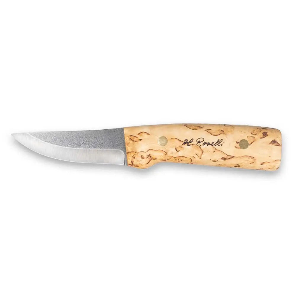 Hunting knife with full tang featuring a sleek silver blade and light tan cork handle with natural wood grain patterns