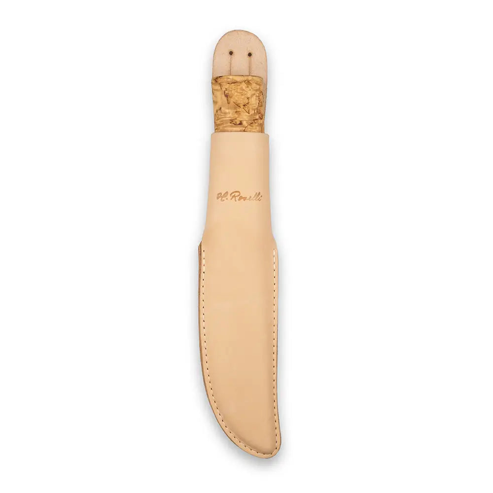 Beige nahkainen metsästysveitsen tupen kultakoristellulla kahvalla ja a.r. -brändillä