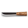 Sleek iso leuku-veitsi with curved polished stainless steel blade and light brown engraved birch wood handle