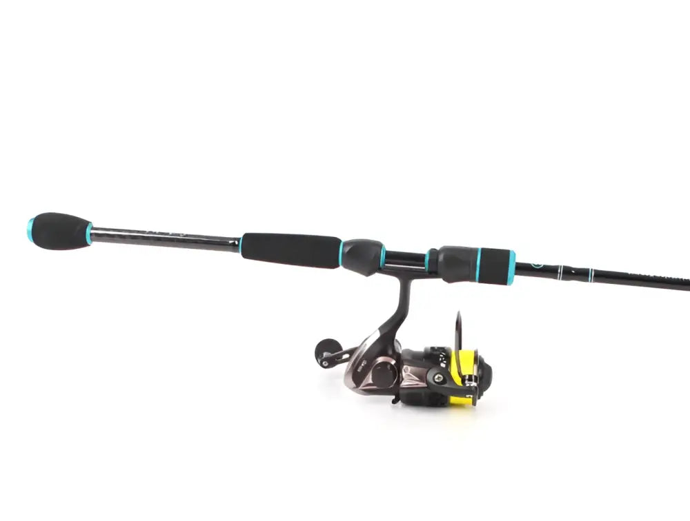 Aapo ahven 207cm avokelasarja hiilikuitu black fishing rod with teal accents and yellow highlight reel for jigging