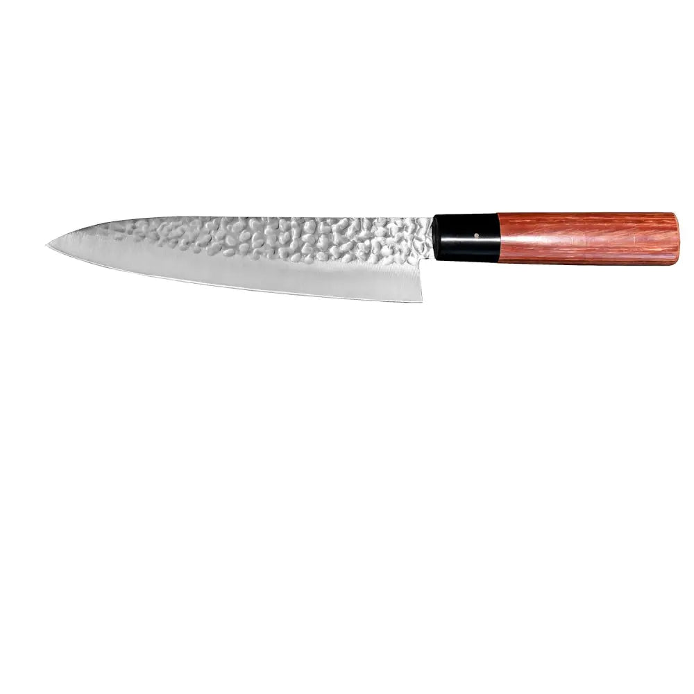 A sleek hammered stainless steel chef’s knife kanetsune seki kc-950 kokkiveitsi with a reddish-brown wooden handle and black bolster
