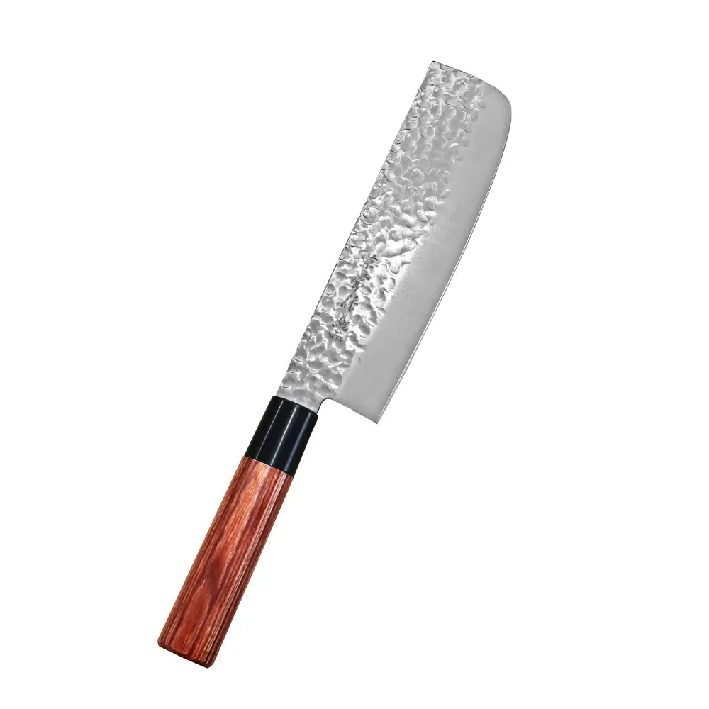 Kanetsune Seki kc-950 nakiri 16,5 cm terävä vasarapintainen ruostumaton teräsveitsi punaruskealla puisella kahvalla ja mustalla lukkorakenteella