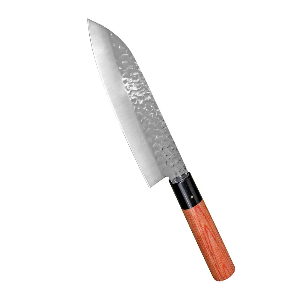 Japanilaistyylinen kanetsune seki kc-950 santoku veitsi vasaralla viimeistellyllä ruostumattomalla terällä ja punertavalla puisella kahvalla