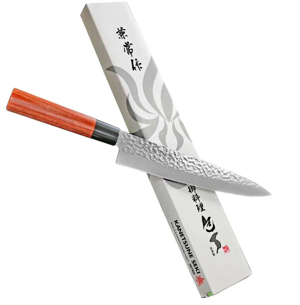 Kanetsune seki kc-957 kokkiveitsi 21 cm terävä vasarapintainen ruostumaton teräs veitsi punaruskealla puisella kahvalla
